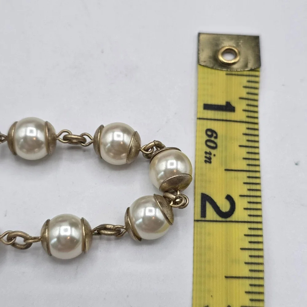 Anne Klein Gold Tone Faux Pearl Bead Cap Link Necklace with Lion Logo Charm